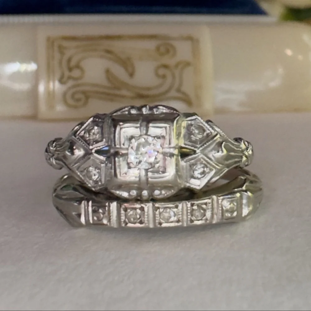 Antique 14K Gold Diamond Engagement Ring & Wedding Band 10K Gold Estate Art Deco - Picture 5 of 14